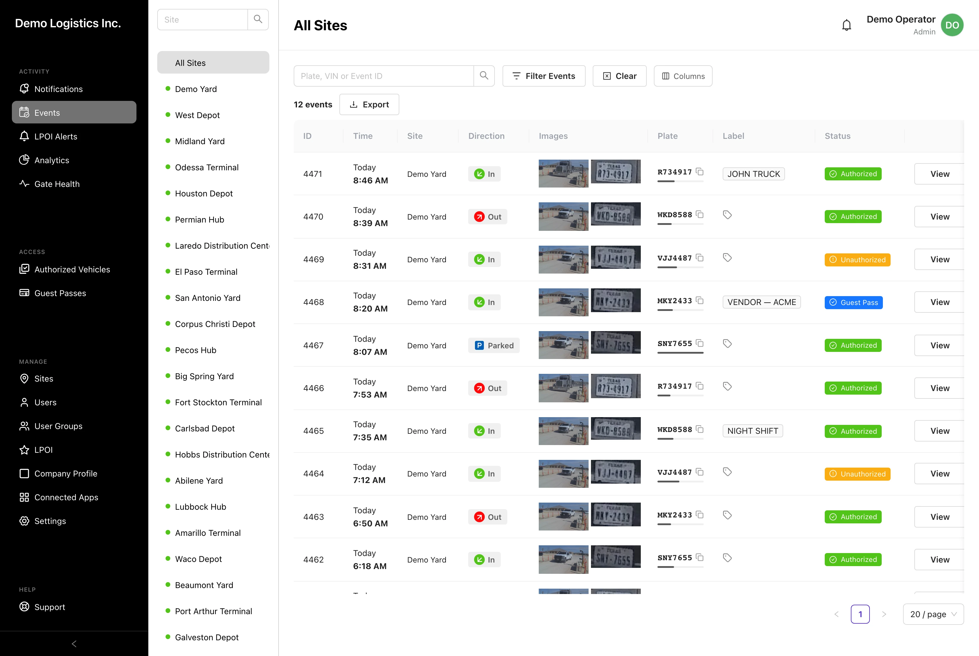 The GateGuardX dashboard, live plate-recognition events across every site, on one platform.